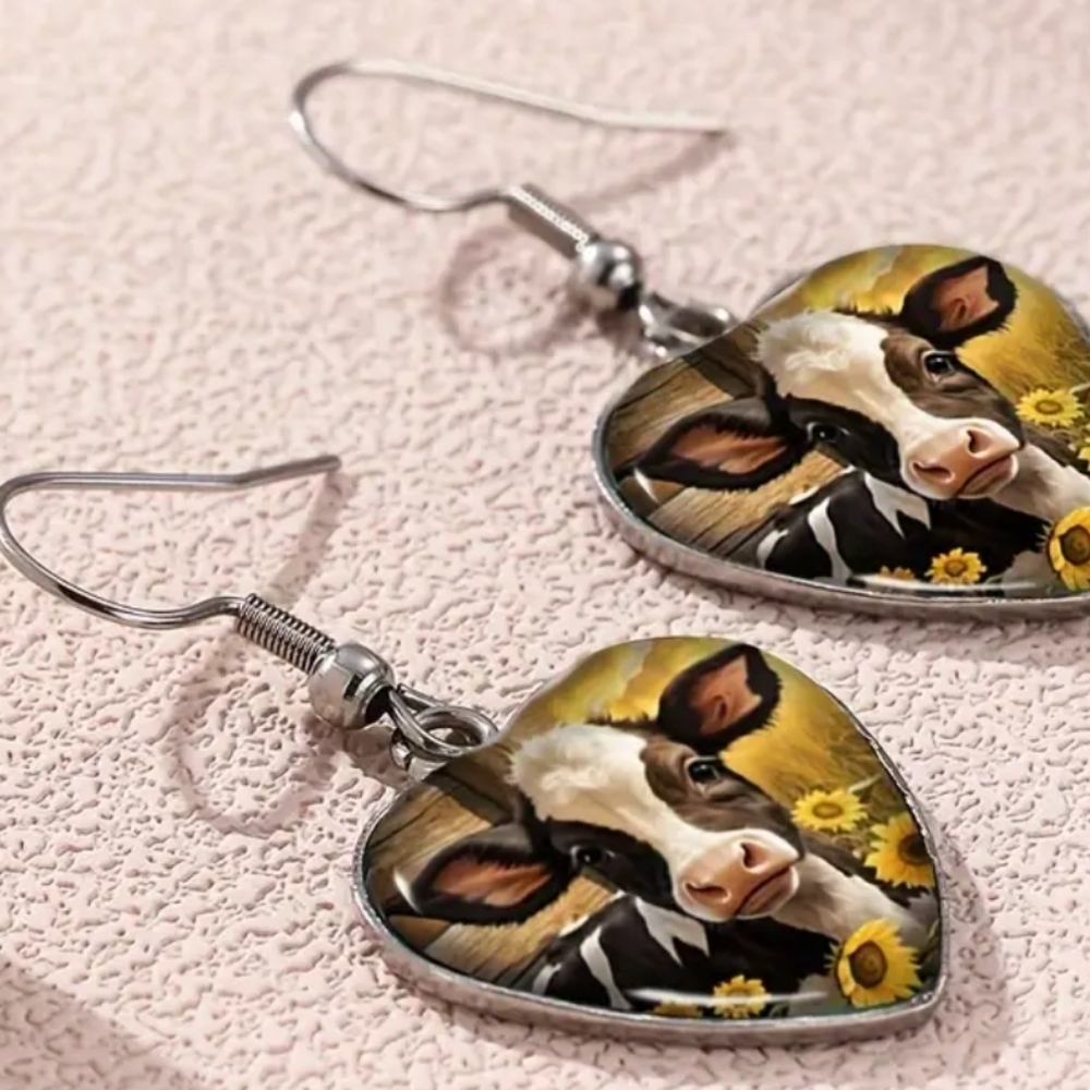 farm earrings Church Y2K Heart-Shaped Cow yellow Sunflower Dangle animal print - Picture 3 of 6